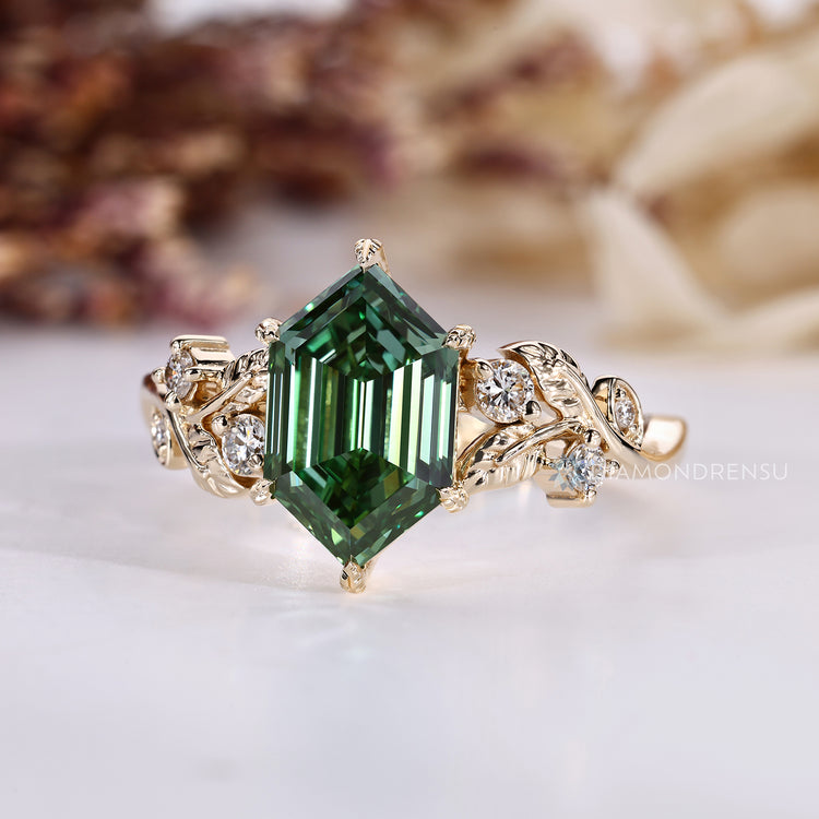 Lab grown diamond ring with six leaf prong setting.