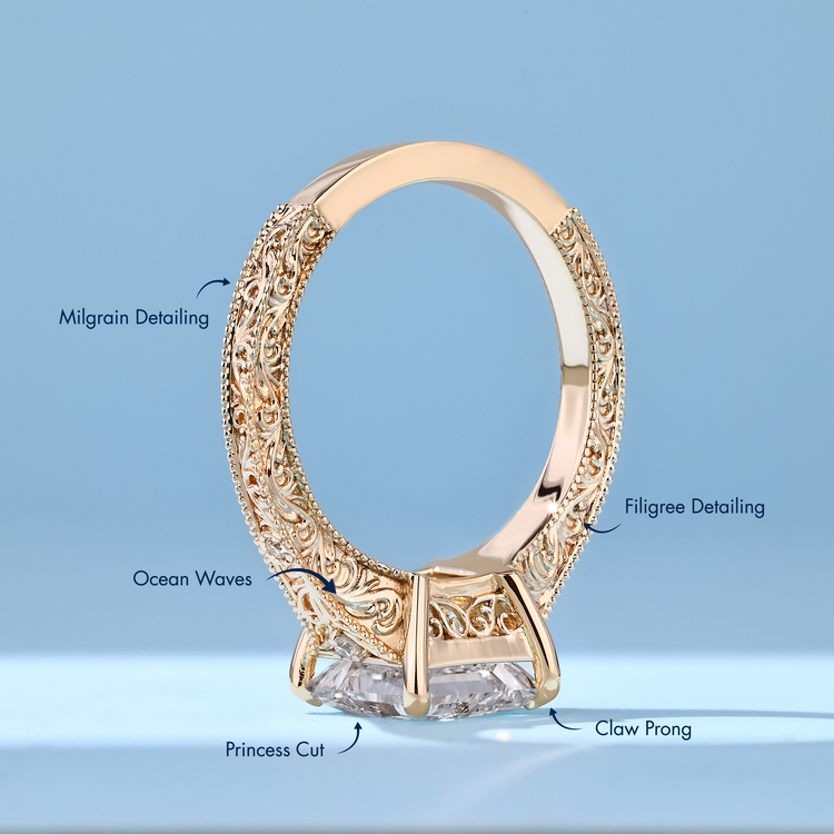 Vintage style princess cut engagement ring with milgrain details.
