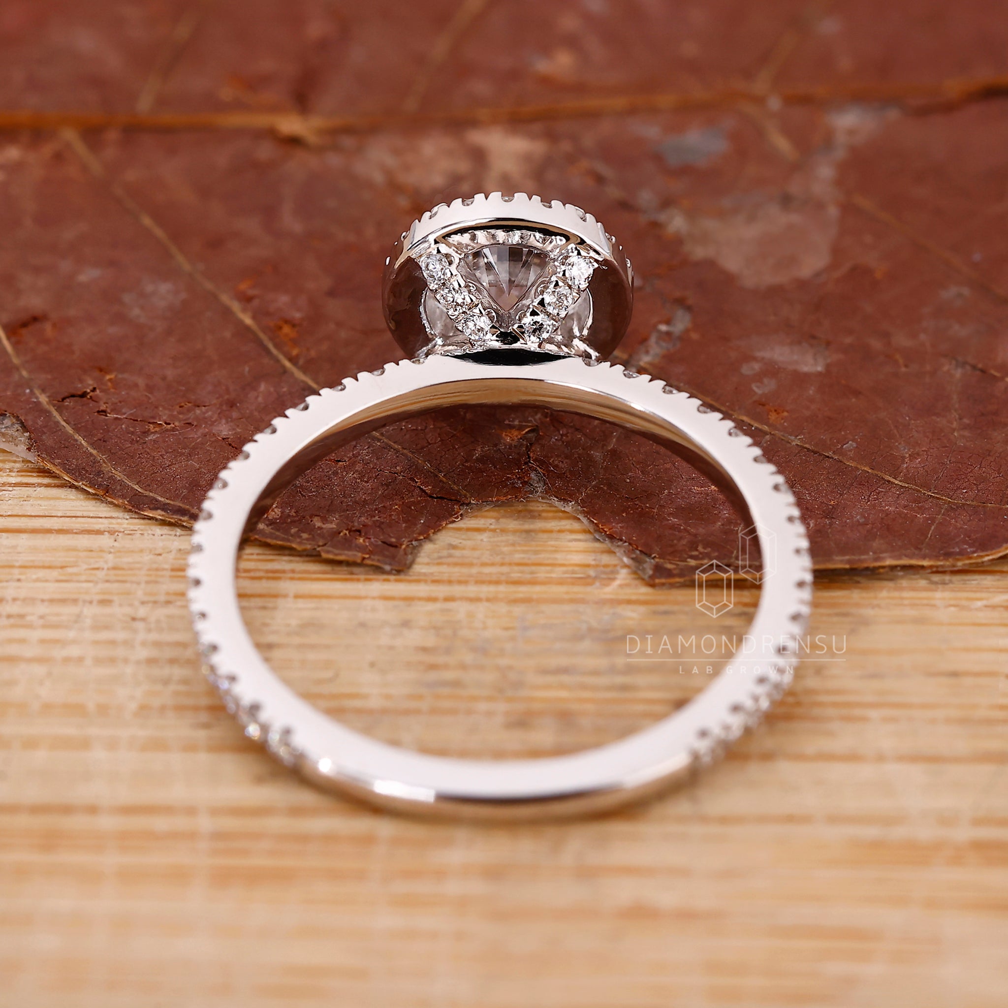 Lab Grown Diamond ring in white gold halo design.
