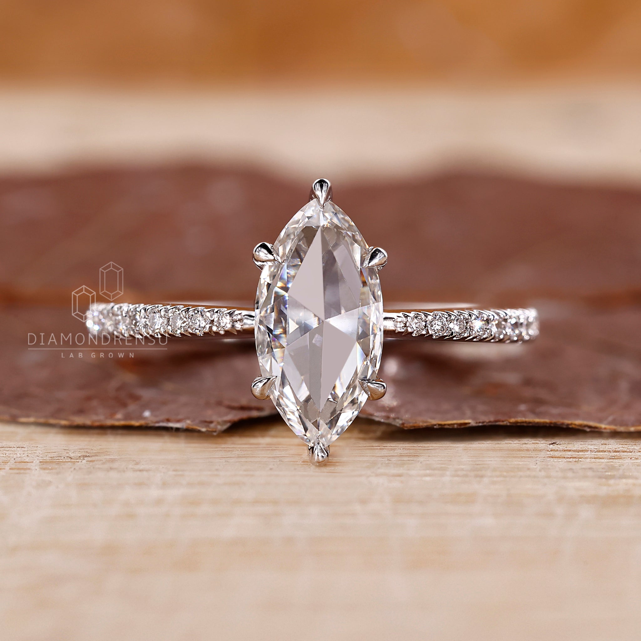 Tapered shank ring with rose cut lab grown diamond.
