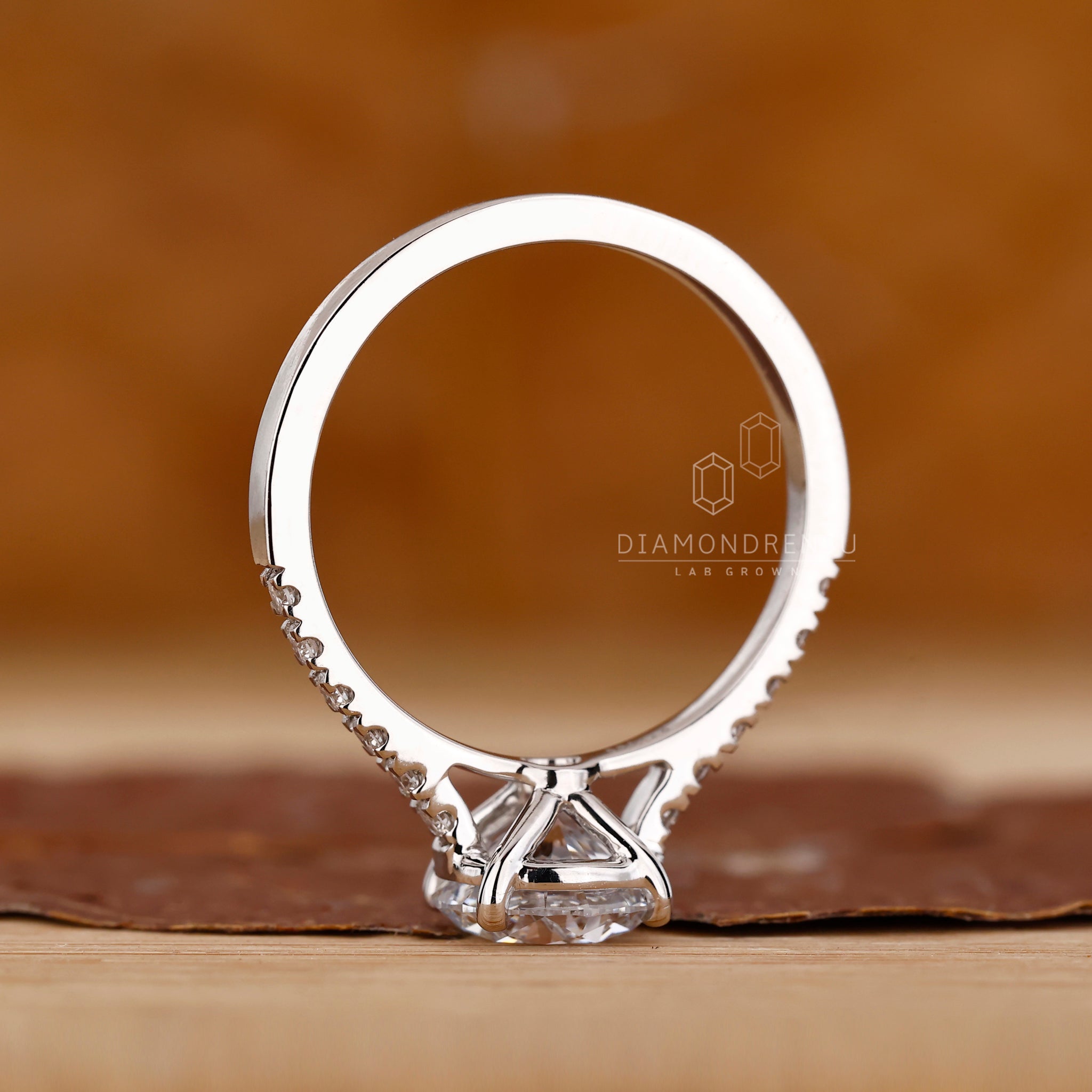 Round cut diamond ring with prong and pave details