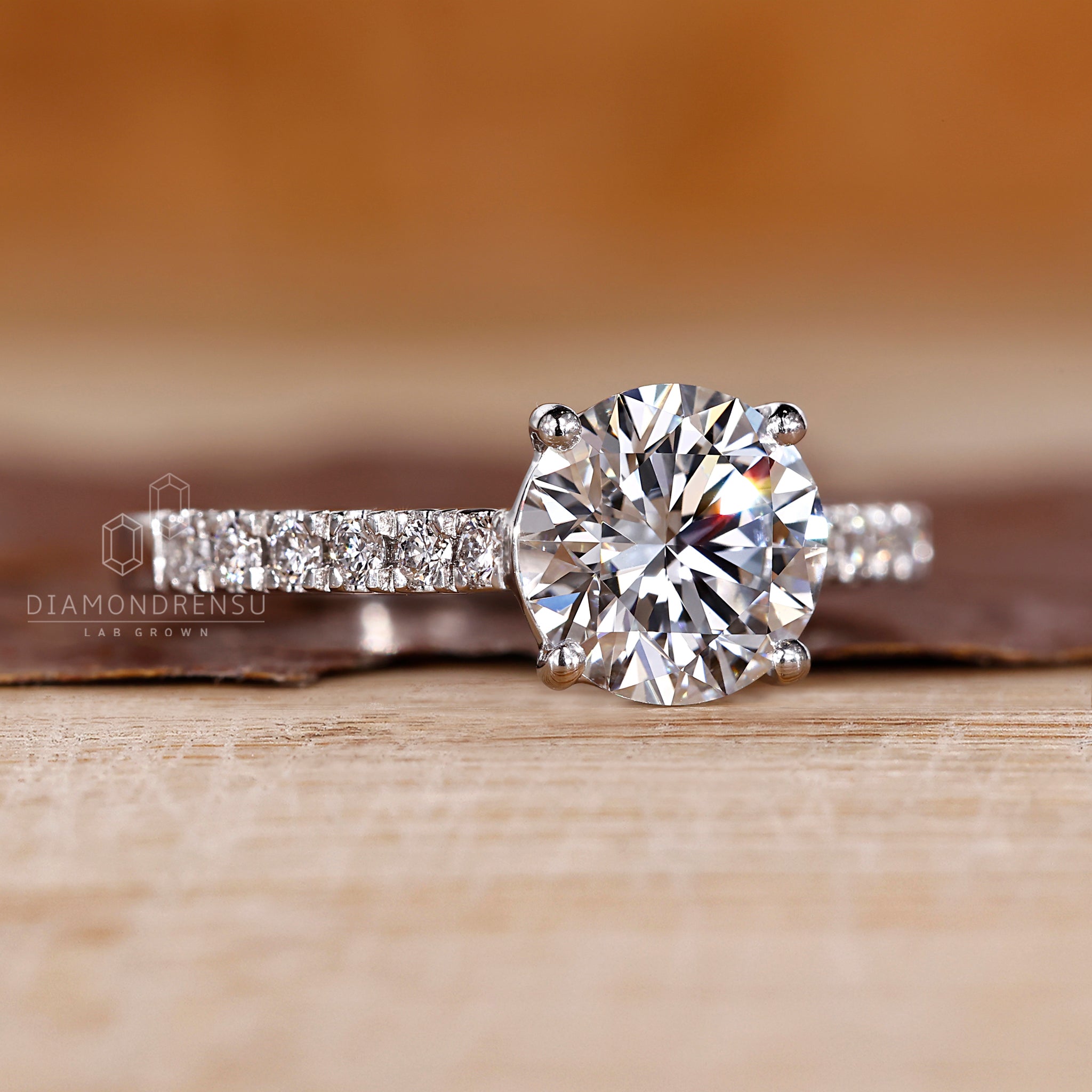 Elegant pave setting ring with lab grown round diamond
