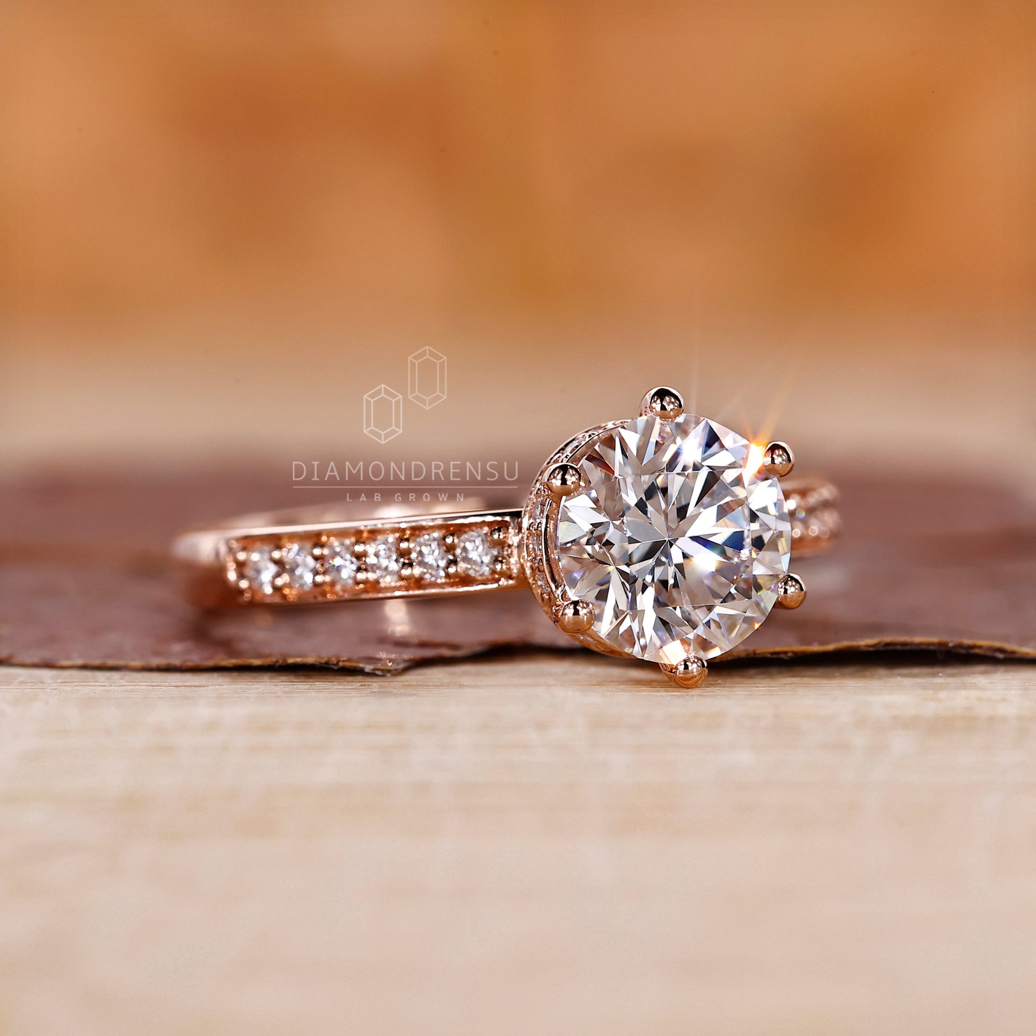 Lab grown diamond in a handmade jewelry design with hidden halo detail.
