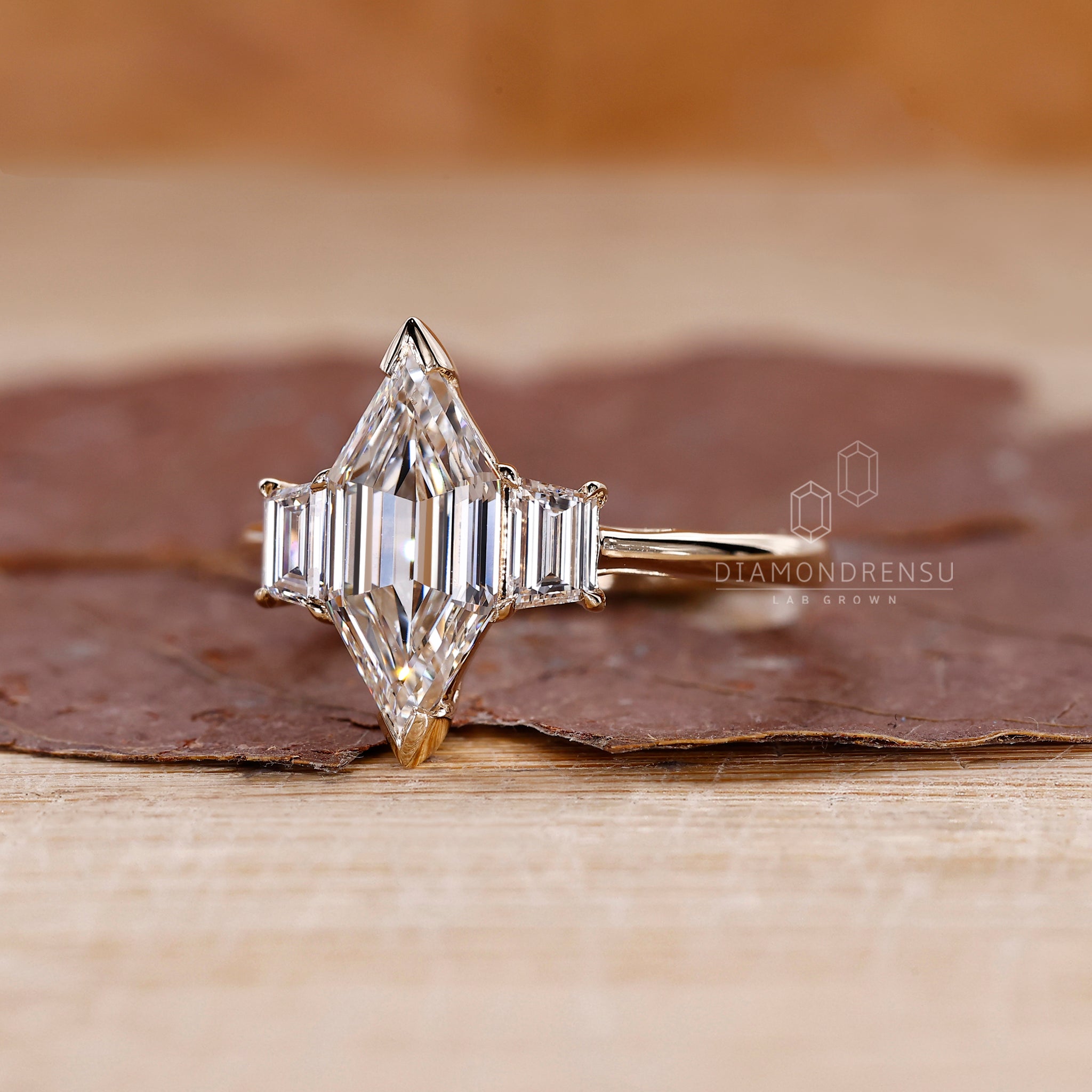 Unique engagement ring crafted with trapezoid and hexagon diamonds.