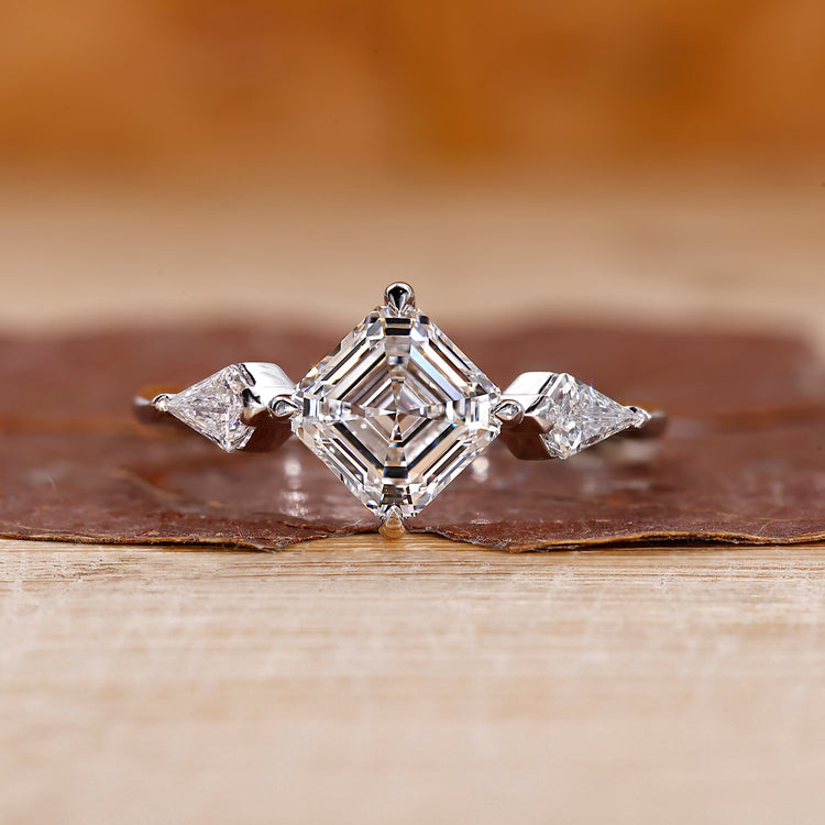 Tapered Shank Three Stone Asscher Cut Diamond Ring