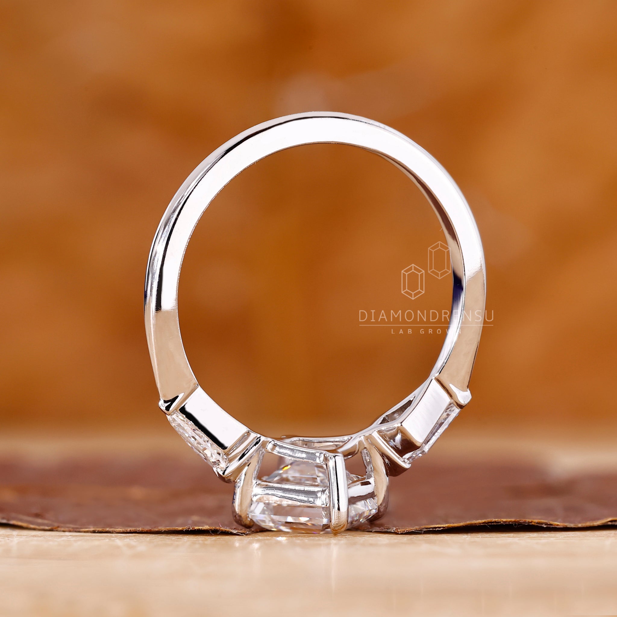 Tapered Shank Three Stone Asscher Cut Diamond Ring