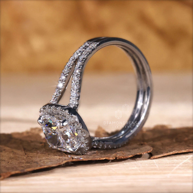Cushion engagement ring halo featuring igi certified Lab Grown Diamond.
