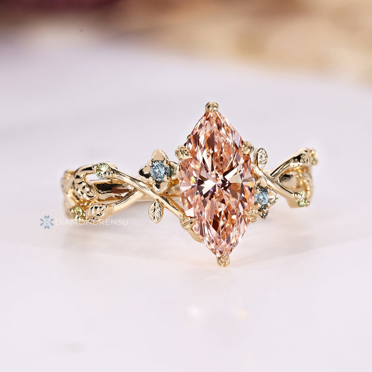 Nature inspired marquise ring with twisted shank design.