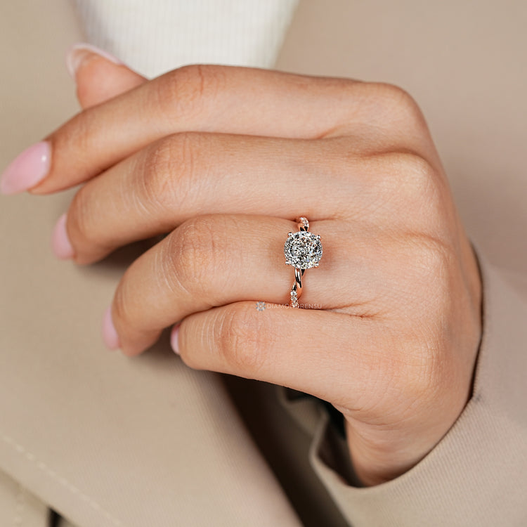 Lab grown diamond ring with round diamond pavé.