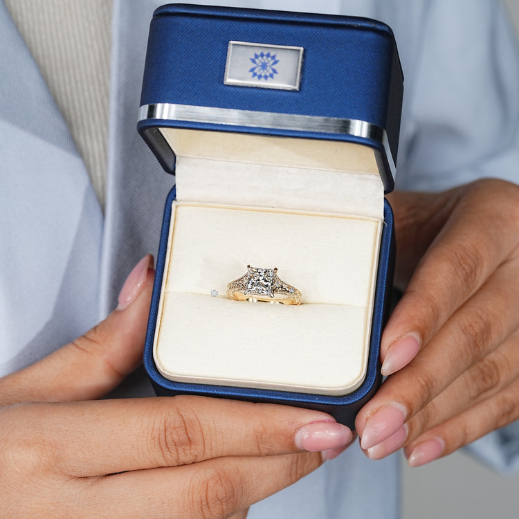 Handmade princess cut ring with ocean waves style.