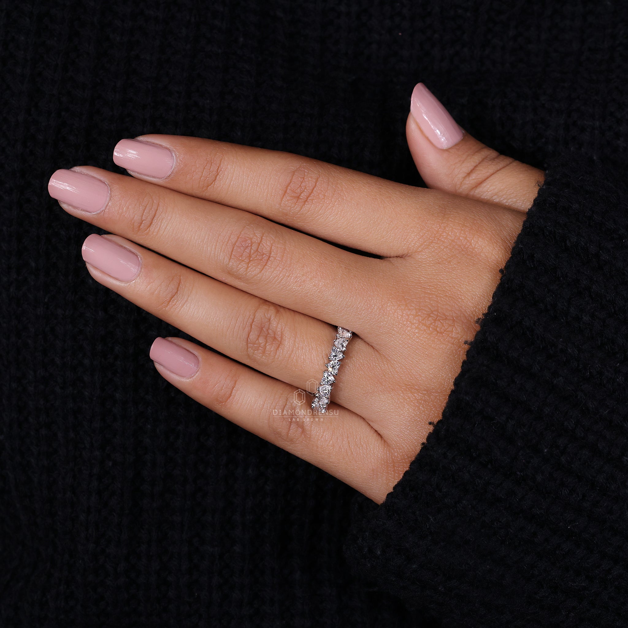 Lab diamond white gold heart wedding band.
