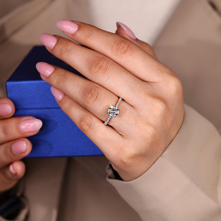 Lab grown diamond ring with four prong setting.