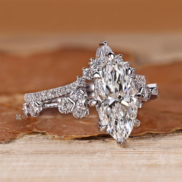 Lab grown diamond marquise bridal set with prong setting.