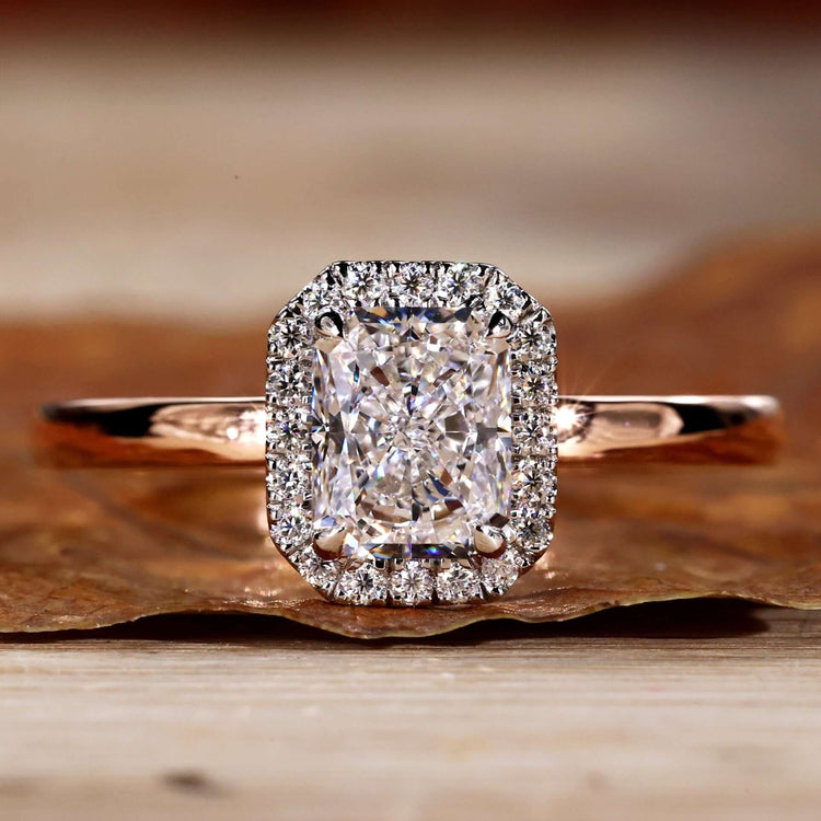 Radiant Cut Engagement Ring with halo ring setting and Lab Grown Diamond for a timeless and elegant design.
