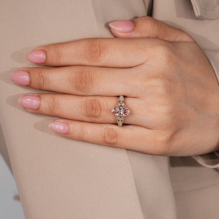 Lab grown pink diamond ring with tapered shank.