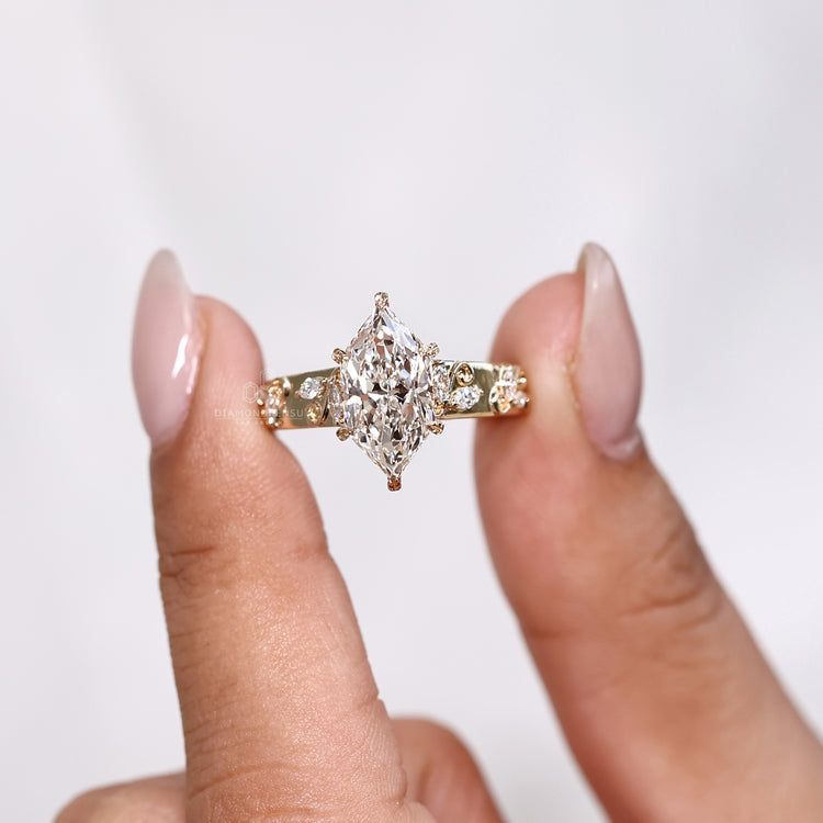 IGI certified marquise diamond ring with six leaf prongs.