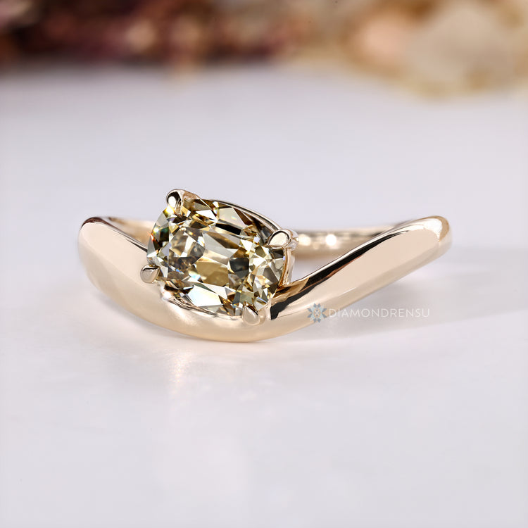 Yellow cushion OMC cut diamond solitaire ring handmade.