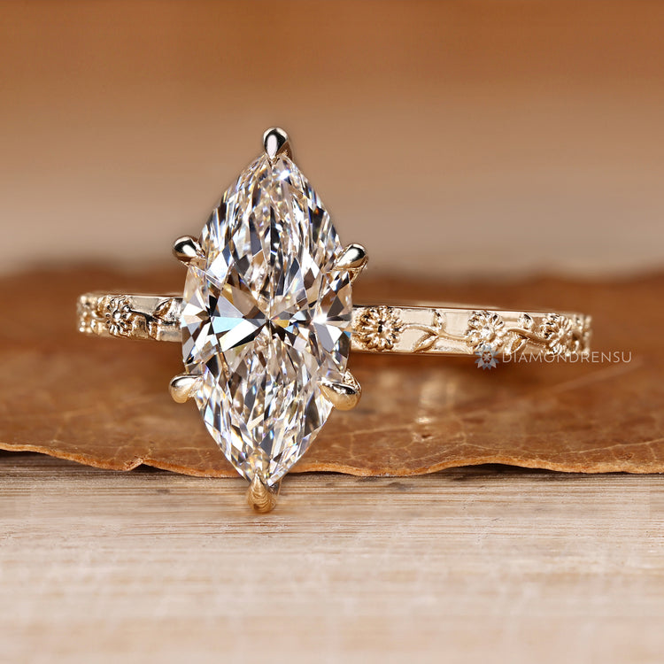 IGI certified marquise cut diamond engagement ring.