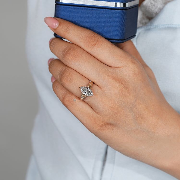 Lab grown diamond ring with tulip setting and cathedral setting.