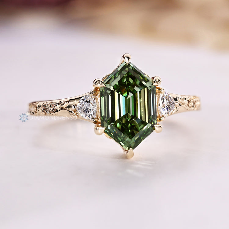Nature inspired hexagon cut diamond ring handmad.