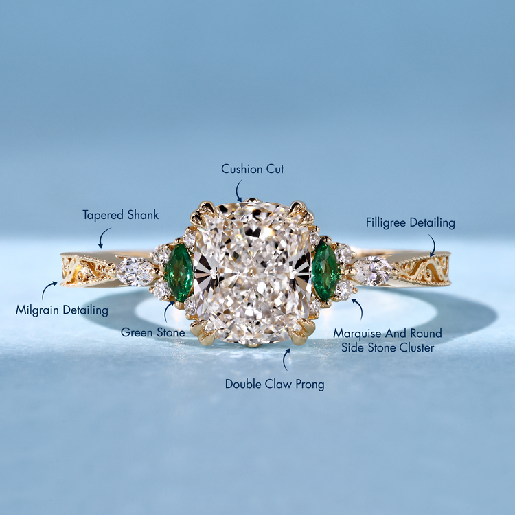 Lab grown diamond ring with engraved tapered shank.