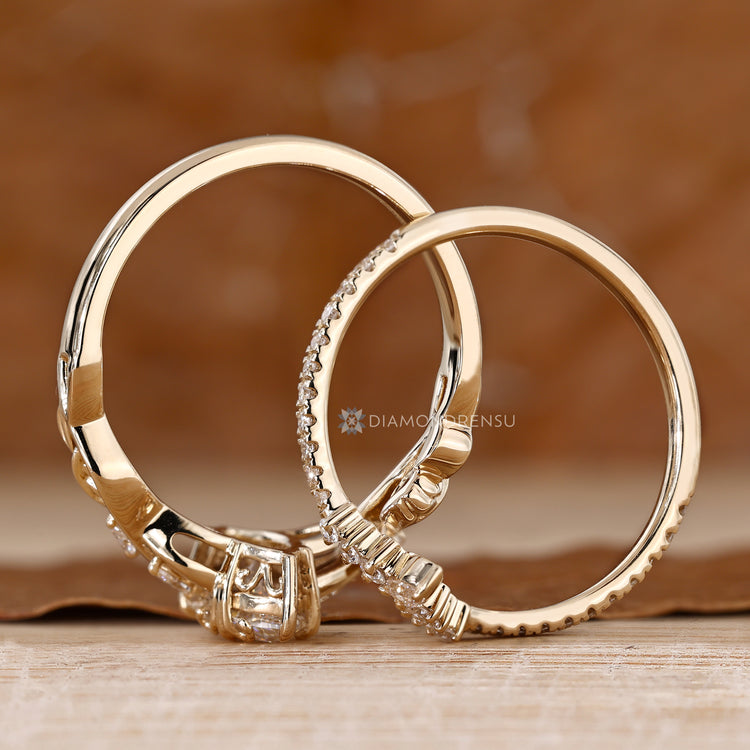Bridal set with marquise diamonds and stackable band.