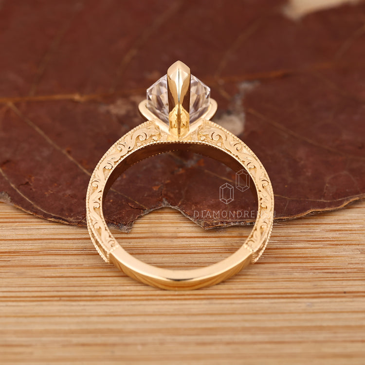 Handmade vintage marquise diamond ring with V prong setting.
