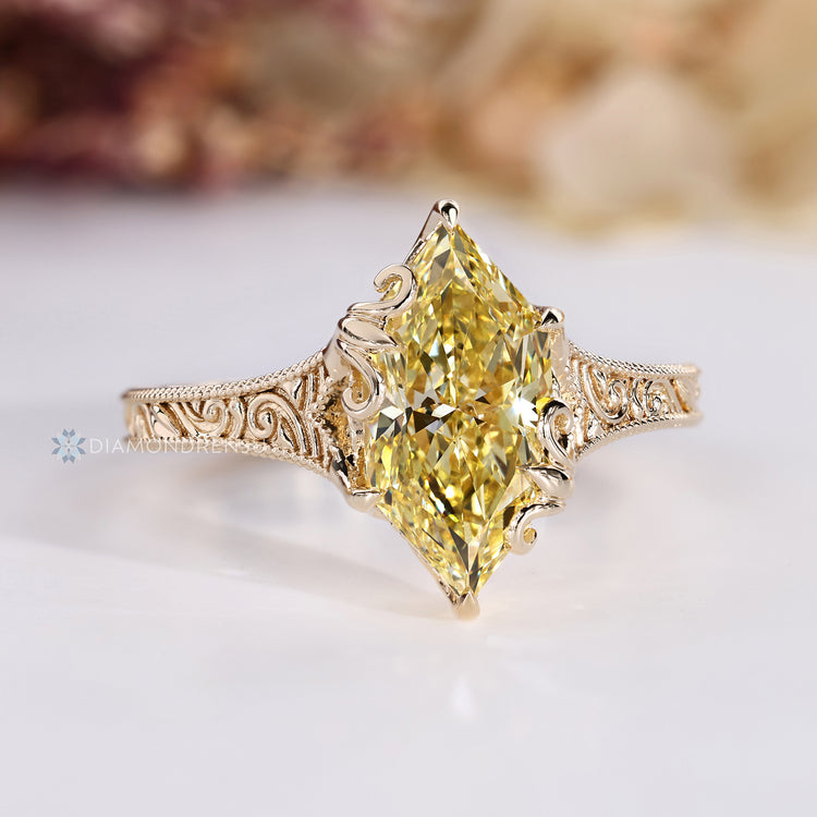 Lab grown diamond ring with hidden leaf basket setting.