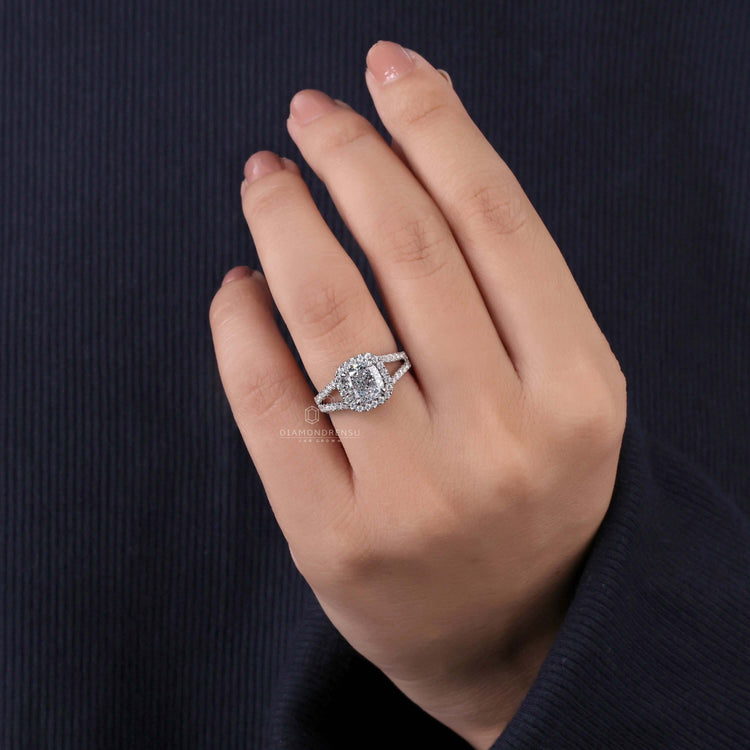 Elegant cushion ring crafted with a unique halo ring style.
