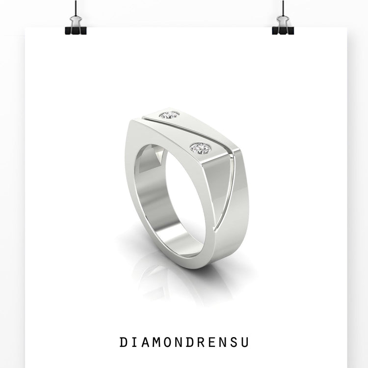 Diamond wave ring UK with 2 round cut diamond men's wedding band.
