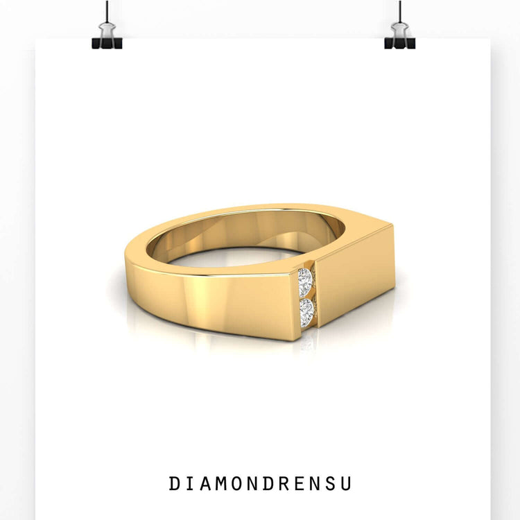 Buy wedding band with two round diamonds and matte gold finish.
