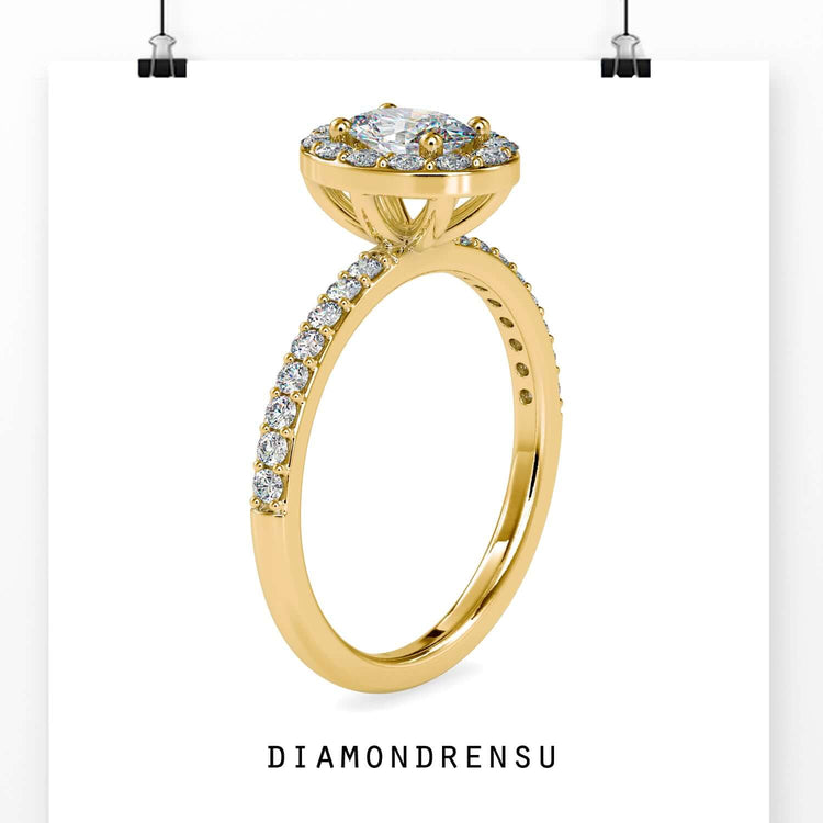 UK engagement ring with round cut pave and oval halo.
