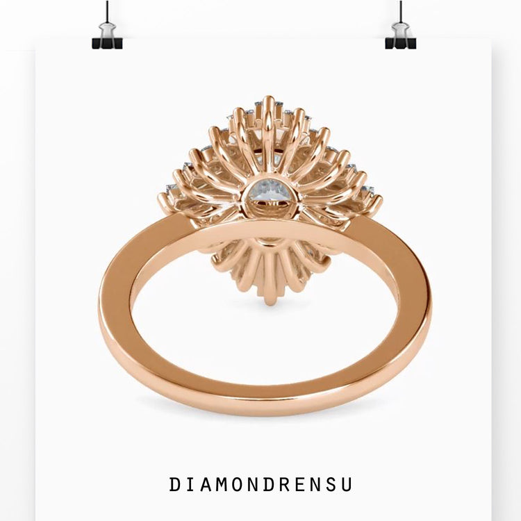 Round prong halo ring with baguette side diamonds.

