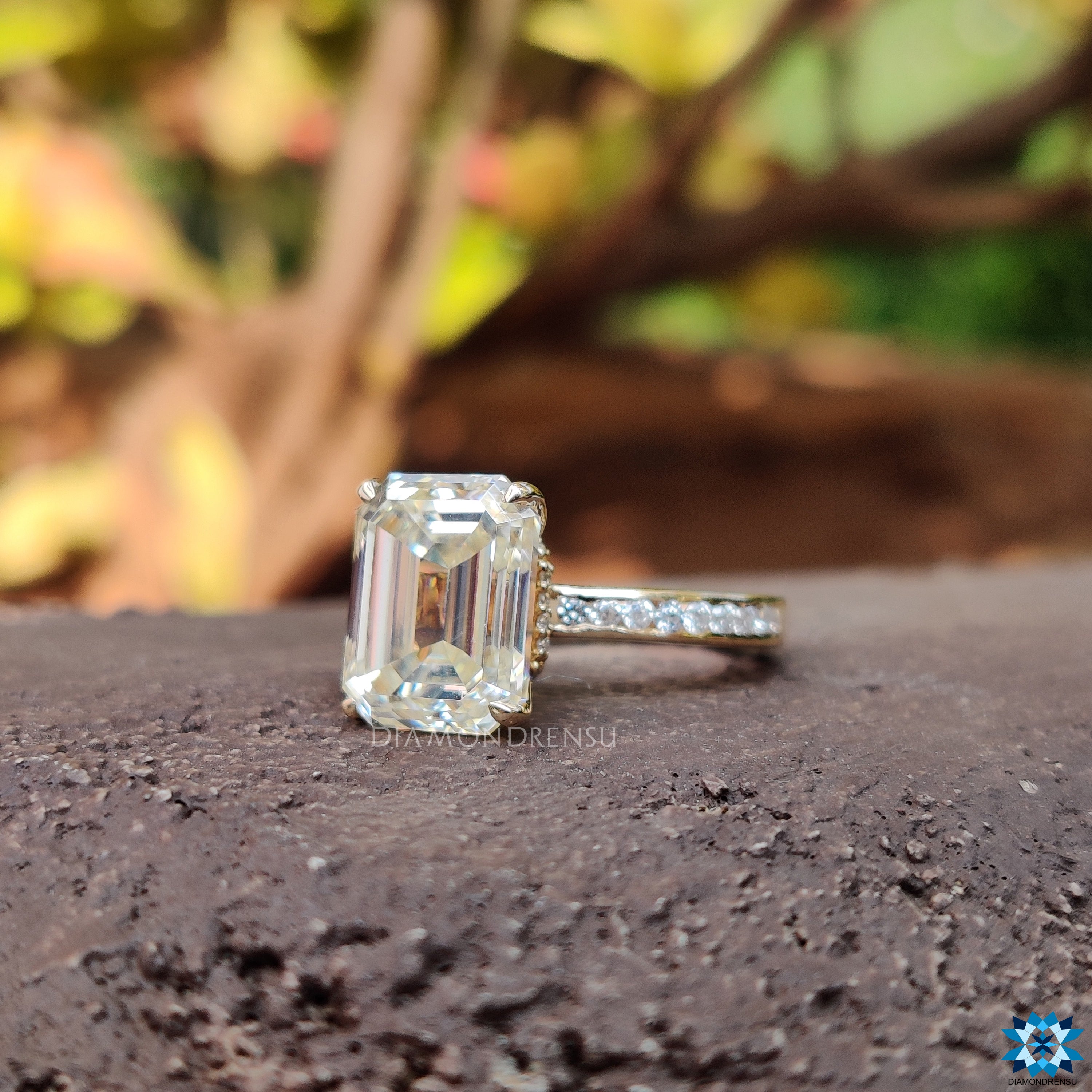 Moissanite ring UK with claw prong setting and hidden halo band.
