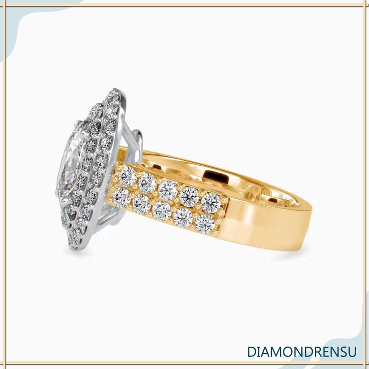 Rose gold engagement ring with oval diamond and double row band.
