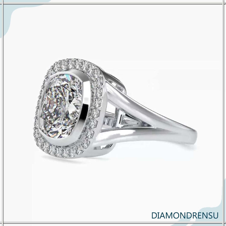 6 carat lab grown diamond cushion ring in split shank.
