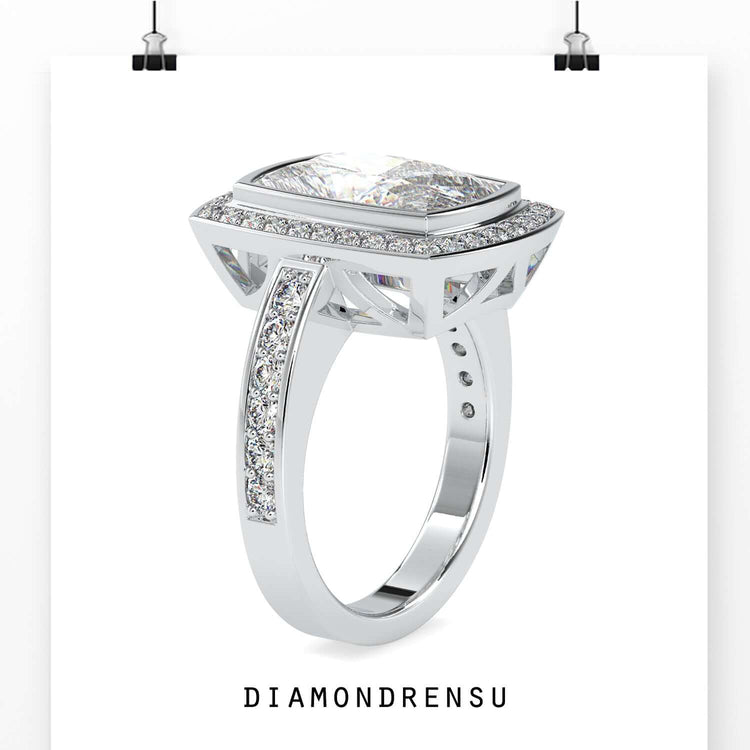 Simple diamond ring with pave setting and halo detail.
