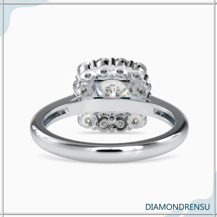 IGI certified rose gold diamond ring with a classic halo style
