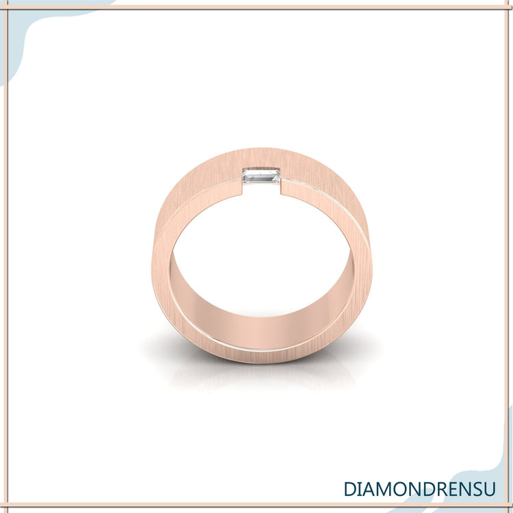 Buy mens wedding ring with baguette cut diamond and brushed surface.
