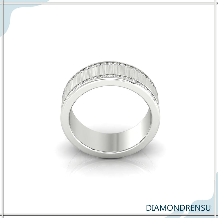 Channel set wedding band with satin finish for men.
