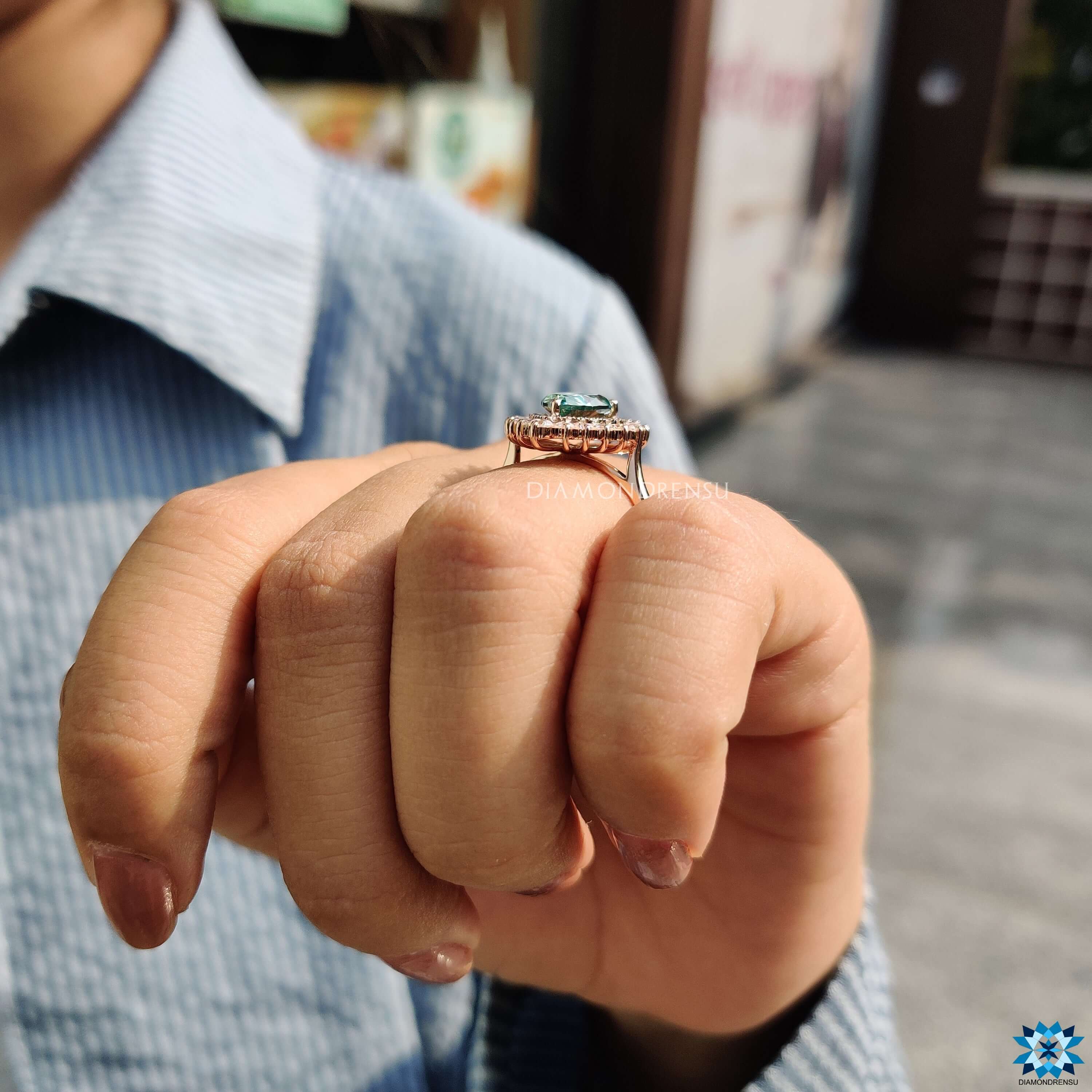 Unique Vintage Moissanite Engagement Ring, Cyan Blue Pear Cut Antique Halo Moissanite Ring