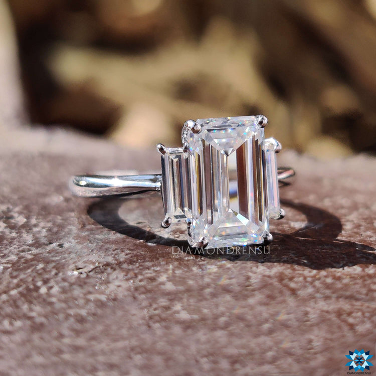 Yellow gold engagement ring featuring a cushion moissanite stone.
