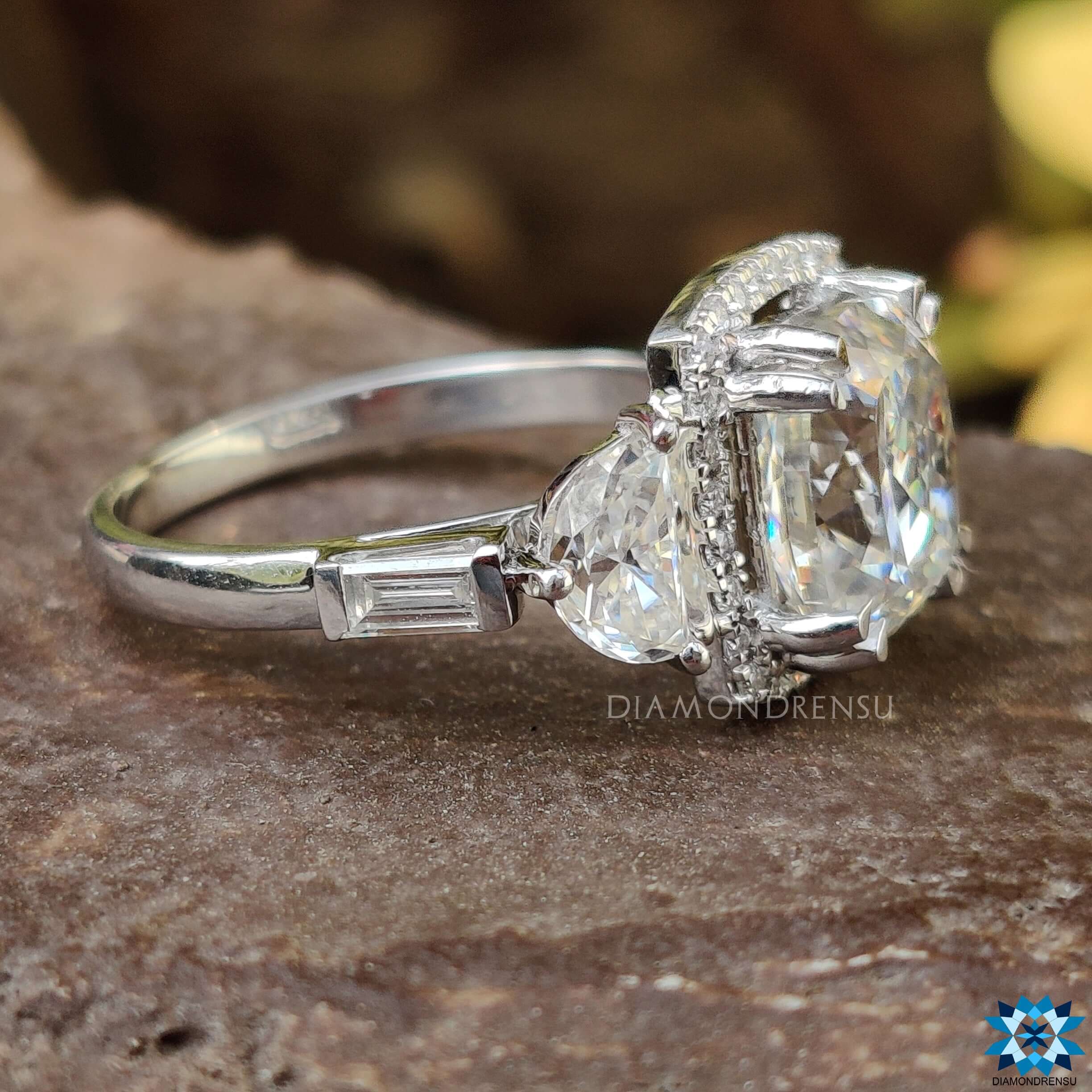 cushion cut with half moon side stones 2 baguette side stones Double Prong Setting handmade ring diamondrensu UK engagement ring