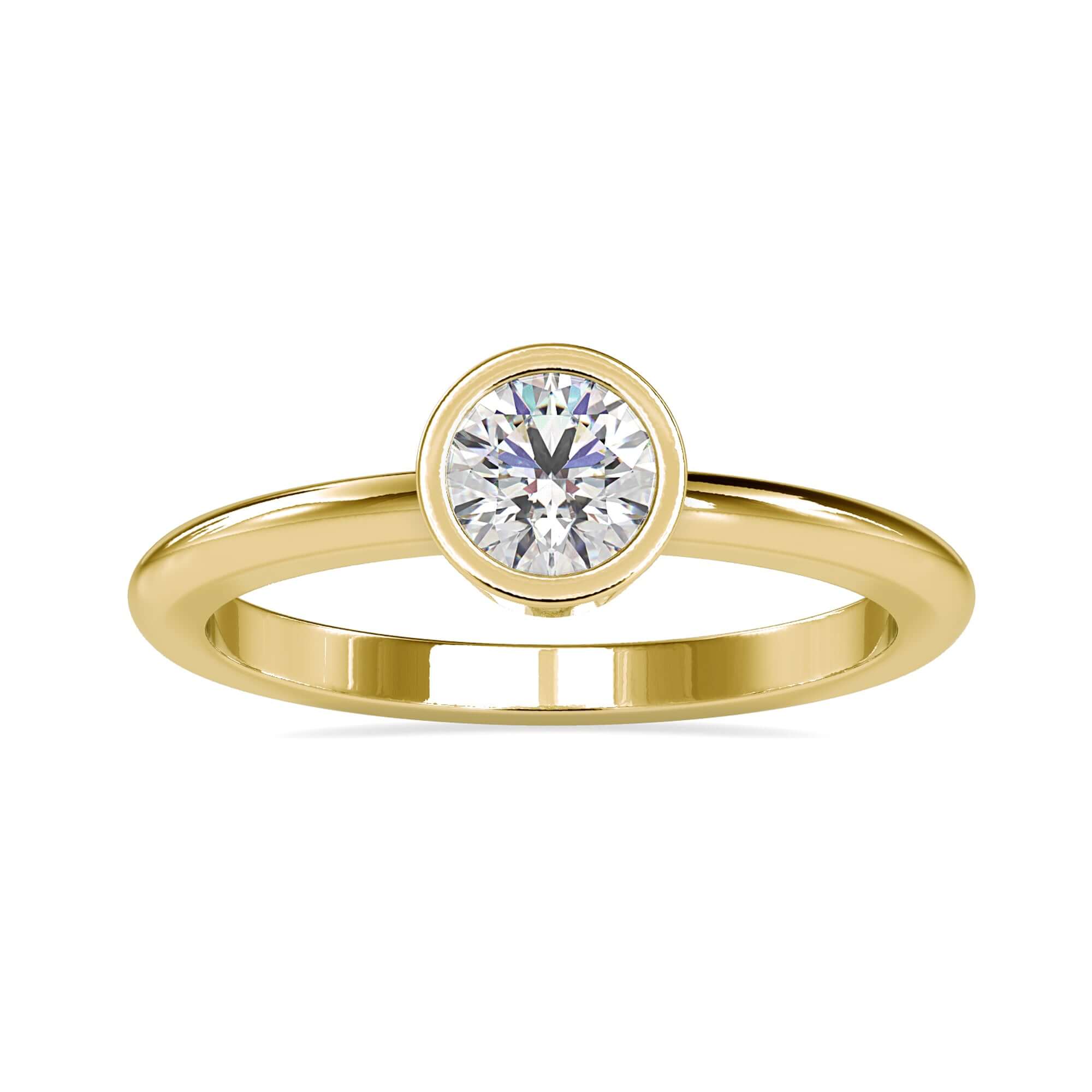 Gorgeous round bezel ring with a lab grown diamond in a bezel setting.
