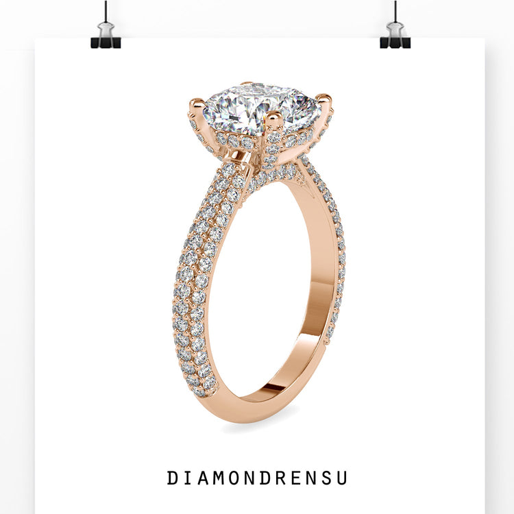3 row pave engagement ring in rose gold design.
