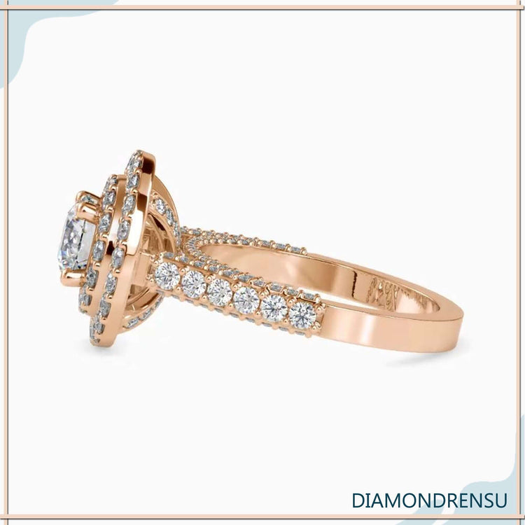 Handmade ring with round prong set and pave diamond look.
