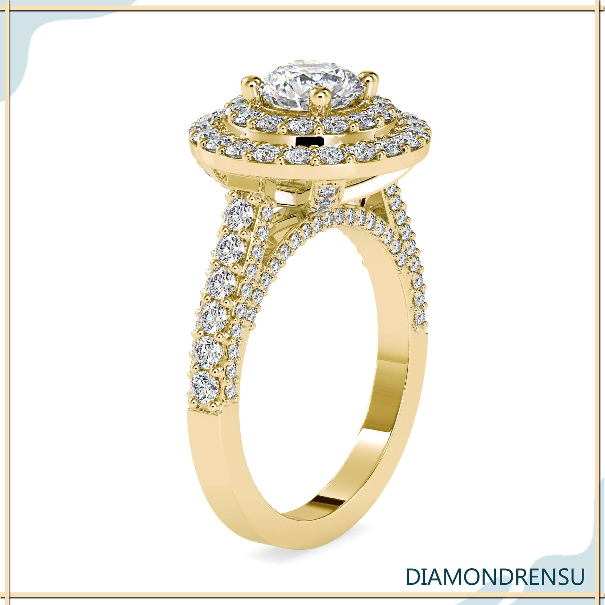 Round diamond ring halo with a pave setting for timeless elegance.