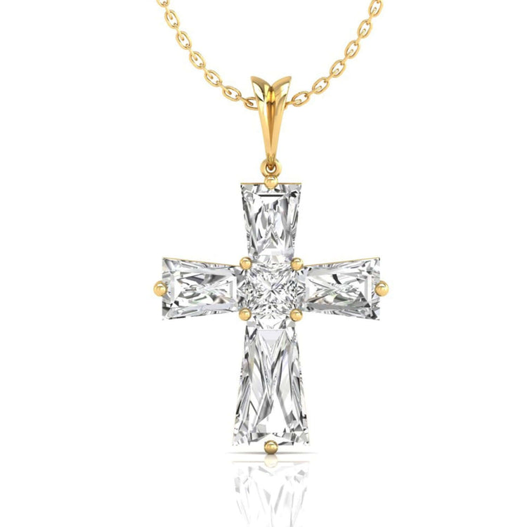Princess cut cross pendant with tapered baguette side stones.

