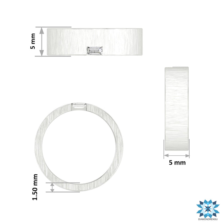 Brush finish with baguette cut diamond in mens wedding band.
