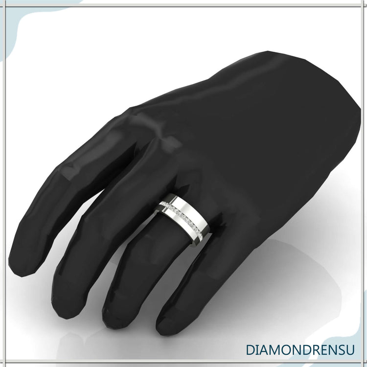 Thick diamond wedding band with bold diamond bands for weddings.
